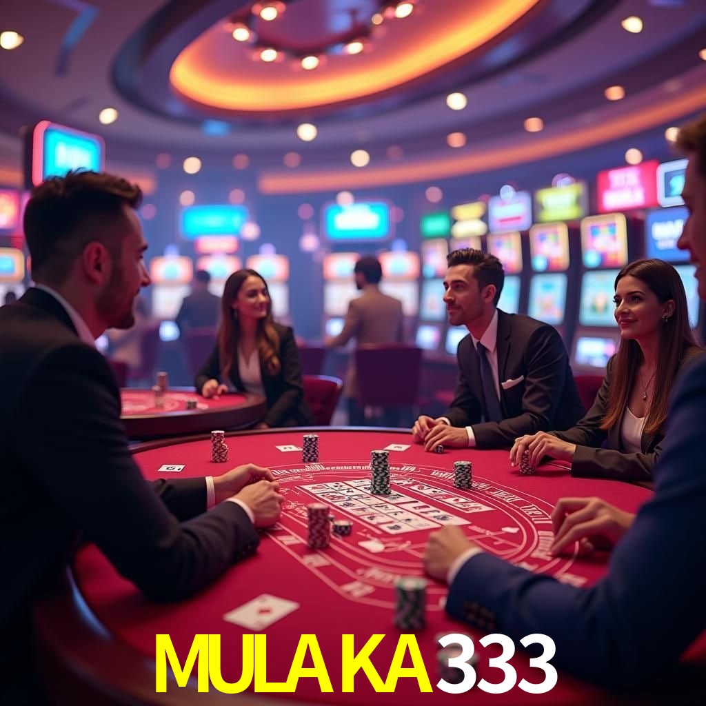 Escena dinámica inspirada en casino con iluminación MULAKA333, cartas, fichas e íconos de juegos digitales en un espacio moderno de juegos.