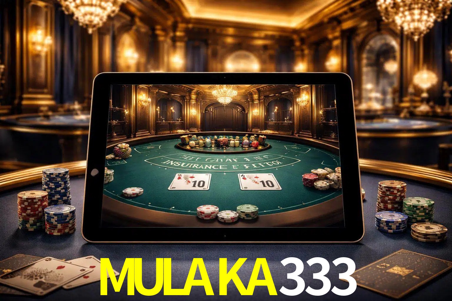 Configuración moderna de casino en vivo con una tableta mostrando una mesa de blackjack, luces cálidas de estudio y una atmósfera elegante de juegos digitales.